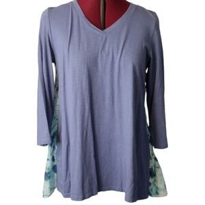 3/4 sleeve blue turquoise floral tie-dyed V-neck tunic Blouse M women's